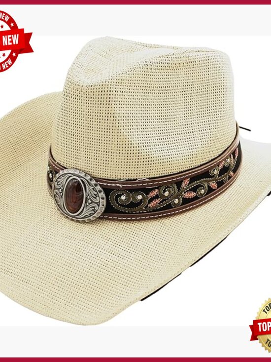 Unisex Straw Cowboy Hat with Studded Band and Bull Buckle, 58cm or 60cm main image 7